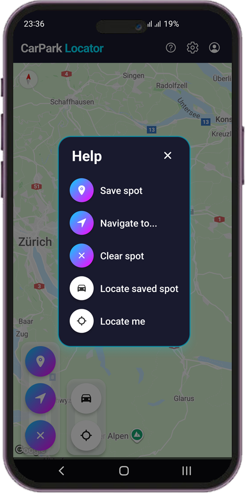 Mobile help overlay showing save, navigate, clear, and locate actions