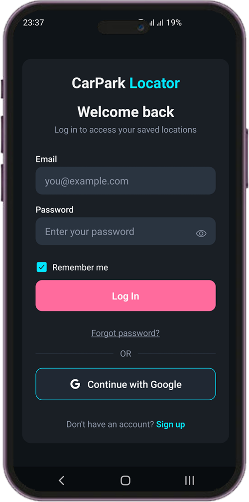 Mobile login screen with email/password fields, remember me, and Google sign-in