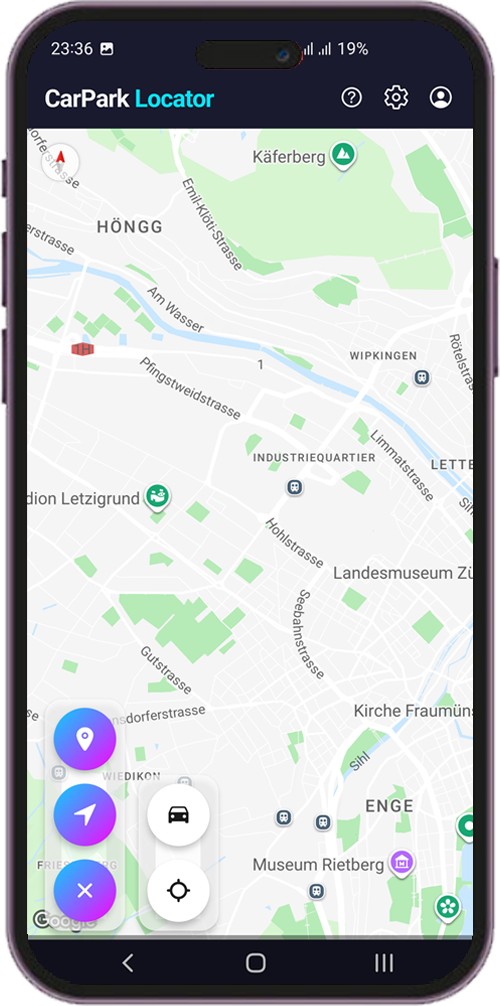 Mobile map view with quick parking actions and locate controls
