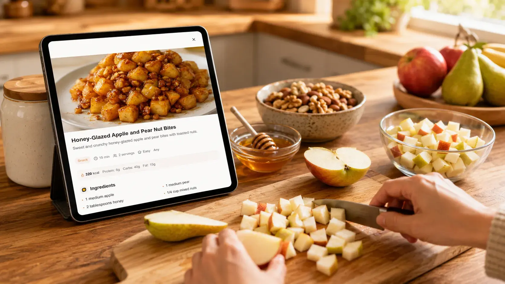 Generated recipe card for Honey-Glazed Apple and Pear Nut Bites, with photo, macros, and ingredient list, shown on a tablet while the dish is prepared
