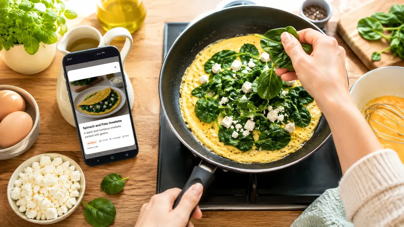 Recipe list on a phone propped up in the kitchen, showing the Spinach and Feta Omelette recipe while it's being cooked