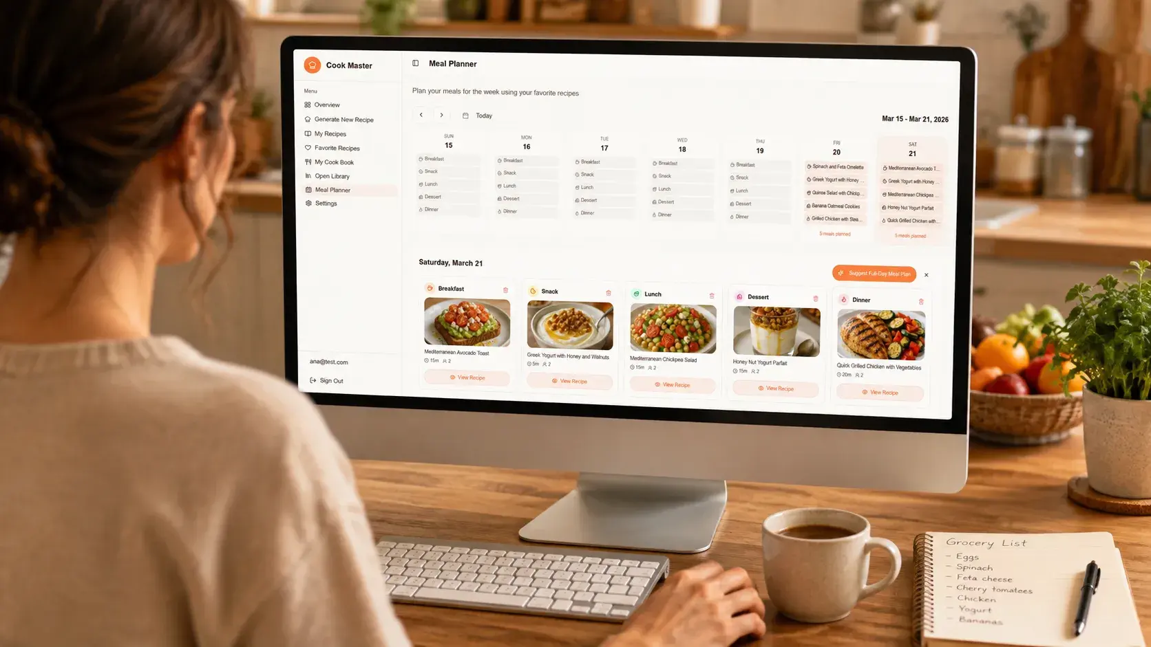 Weekly meal planner board on a desktop monitor, with breakfast, snack, lunch, dessert, and dinner slots per day
