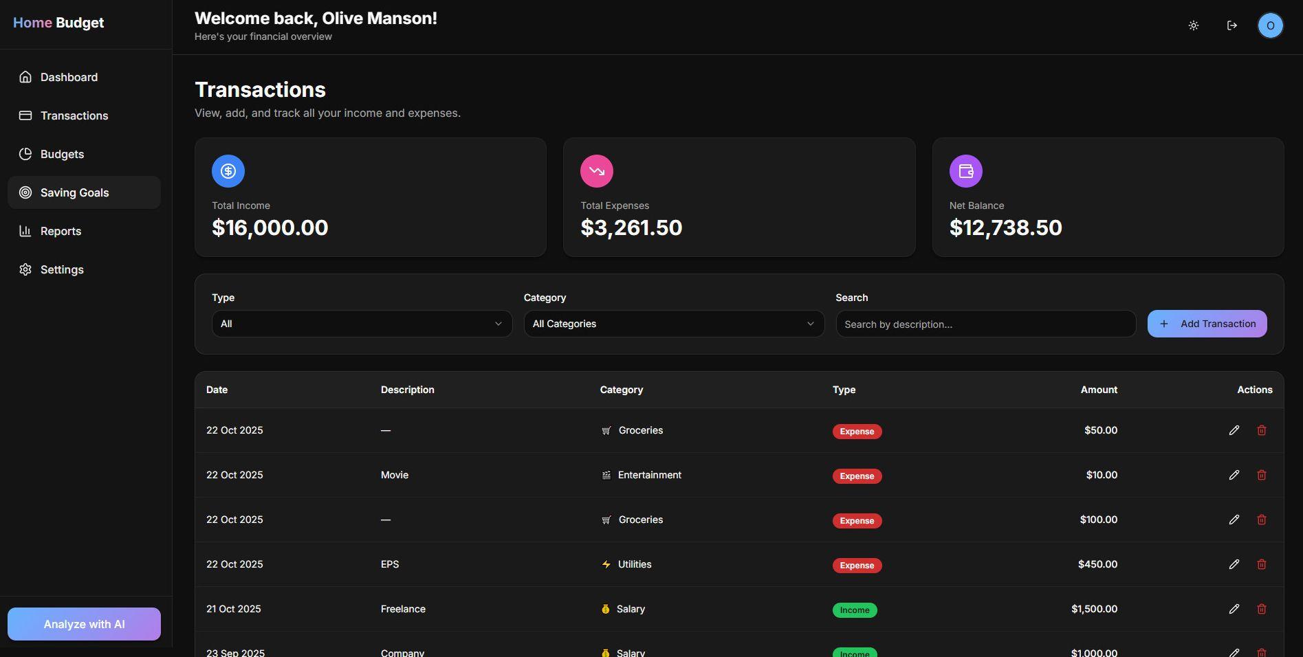 Transactions screen for reviewing and managing personal spending entries