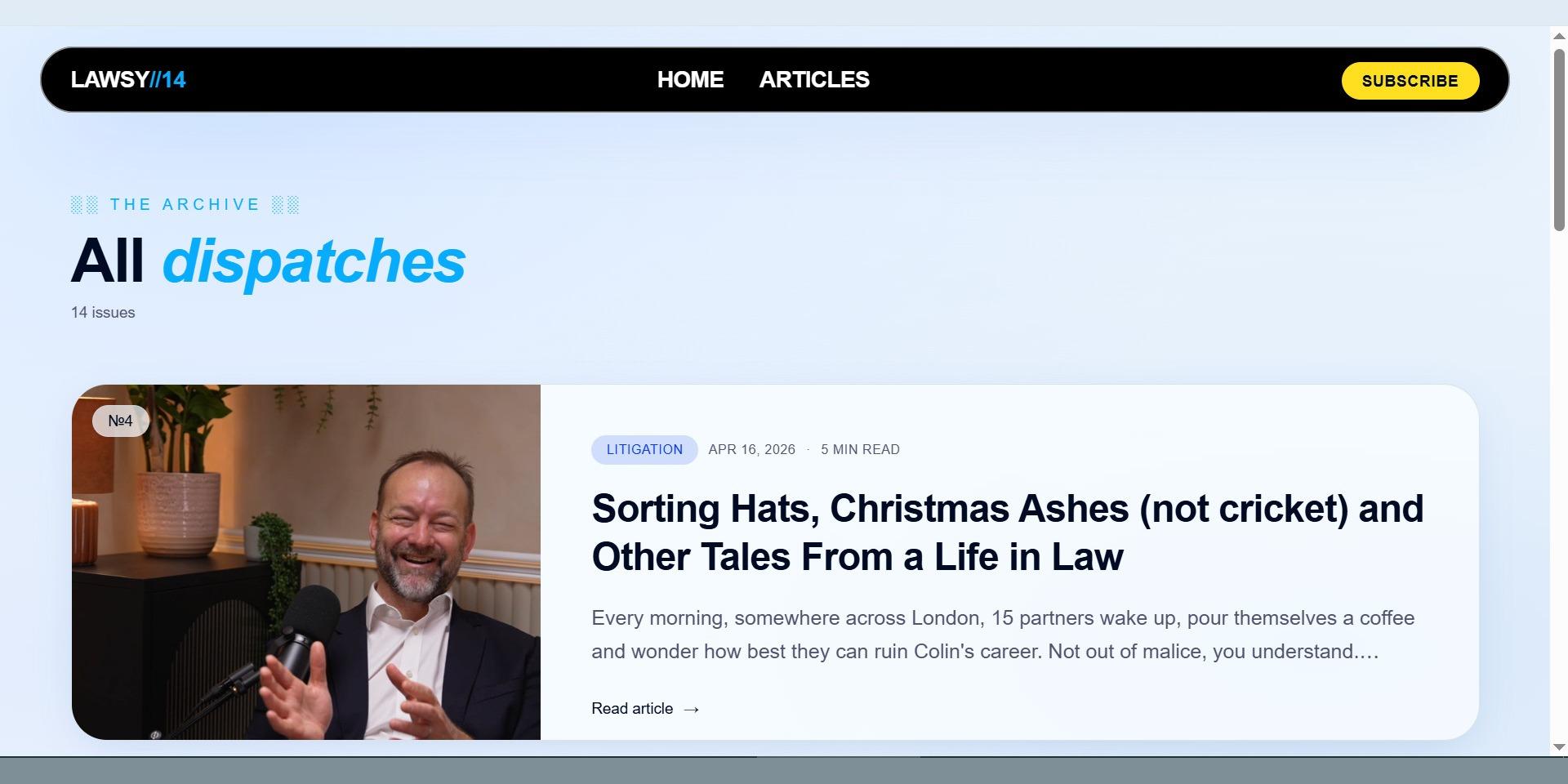 Lawsy article archive with issue number, category tag, and read time