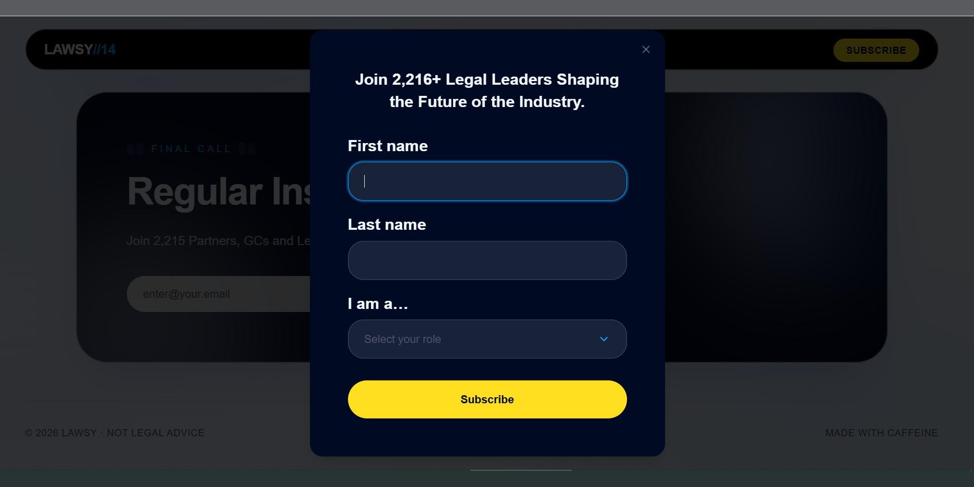 Lawsy subscribe modal with first name, last name, and role selection