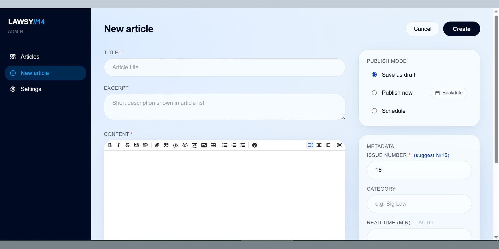 Lawsy admin new article editor with publish mode, issue number, and category fields