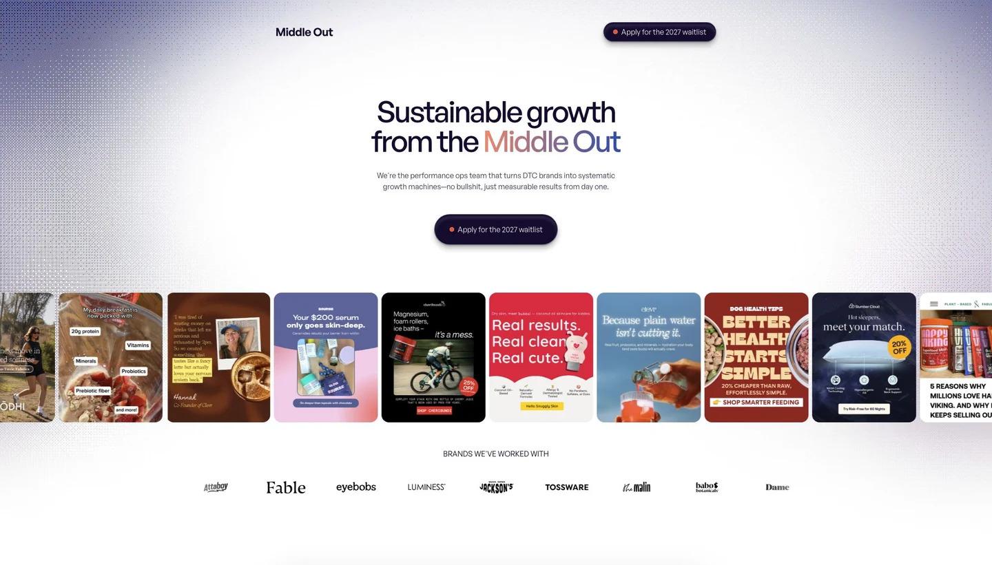 Middle Out public homepage hero with sustainable growth messaging and ecommerce creative examples
