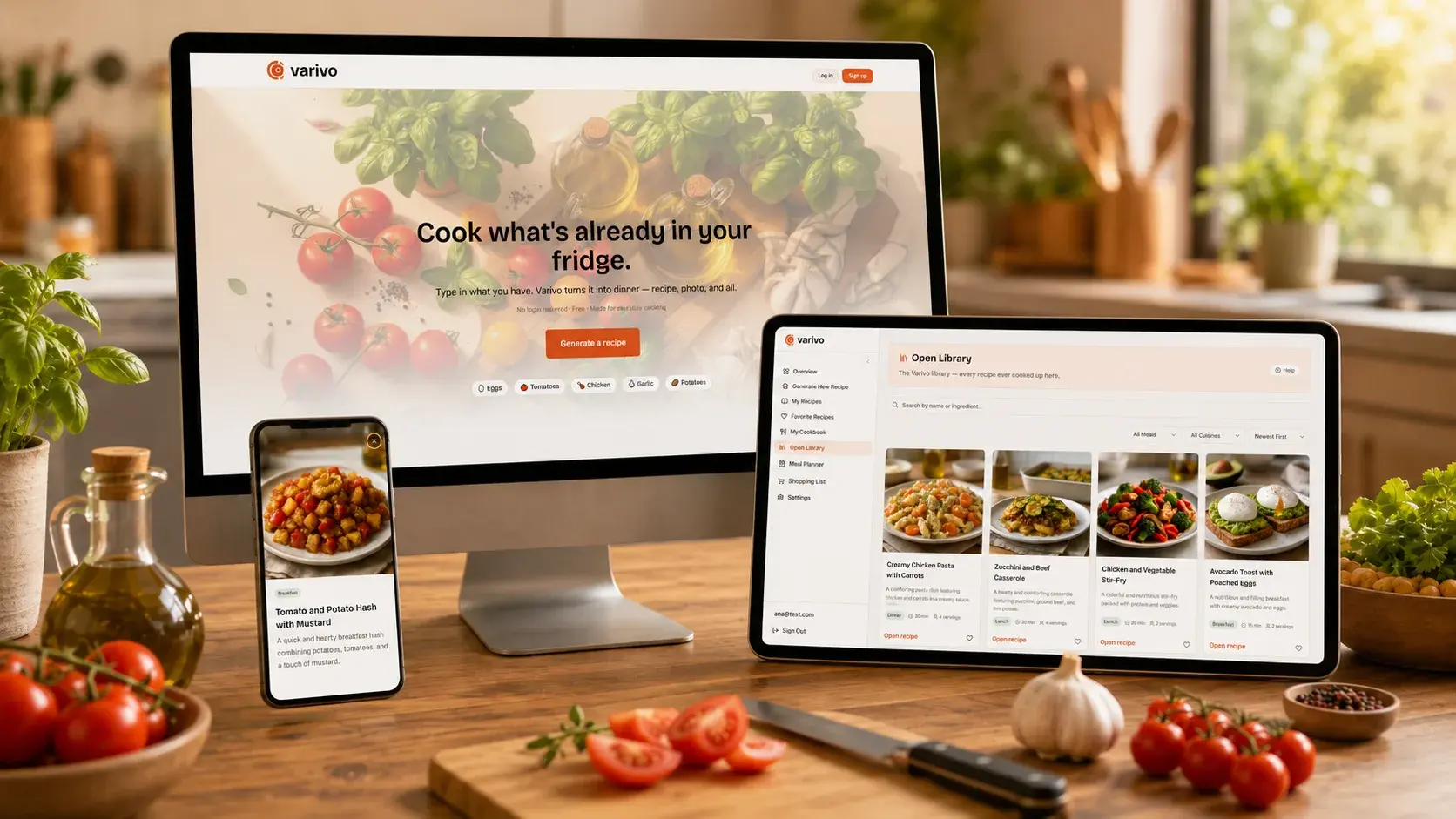 Varivo shown across desktop, tablet, and phone in a kitchen setting, with the landing page, recipe library, and recipe list on screen