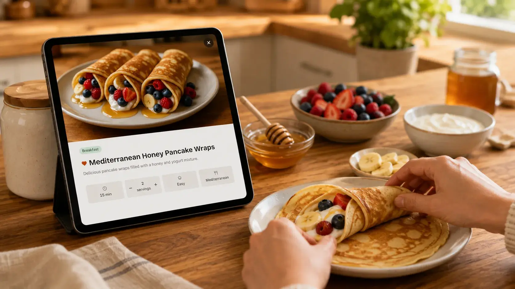 Generated recipe card for Mediterranean Honey Pancake Wraps, with photo, time, servings, difficulty, and cuisine, shown on a tablet while the dish is prepared