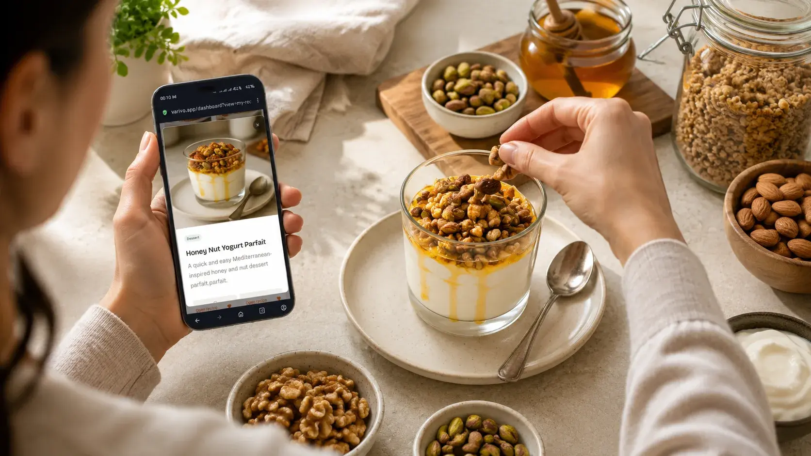 Phone showing the Honey Nut Yogurt Parfait recipe from the My Recipes dashboard view, held next to the finished dish