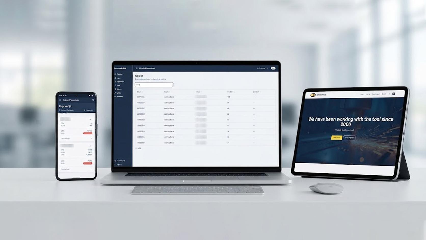 Busscotrade public website and internal CRM shown together across laptop, tablet, and phone