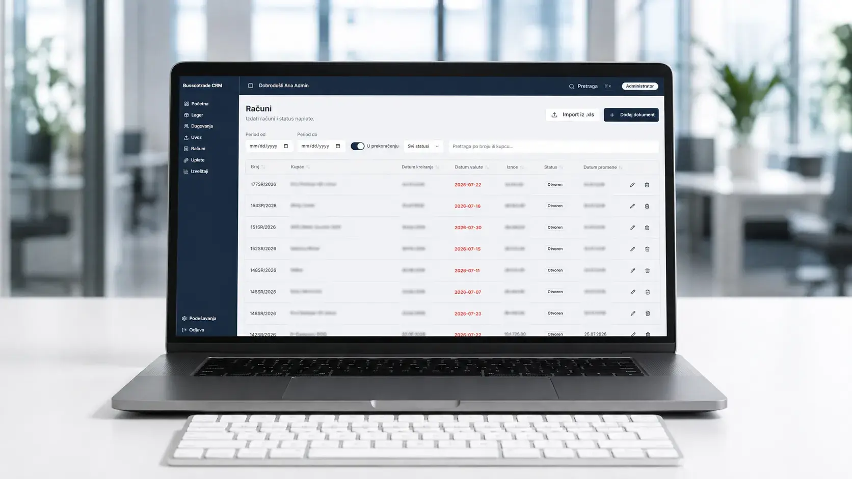 Internal CRM invoices view on a laptop, listing issued invoices with due dates, amounts, and status