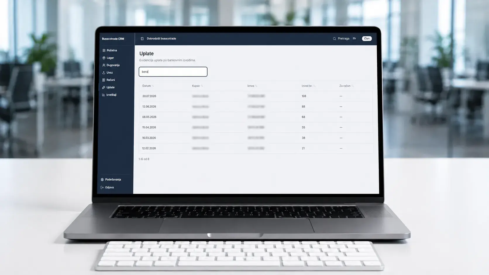 Internal CRM payments (Uplate) view on a laptop, listing payments imported from bank statements