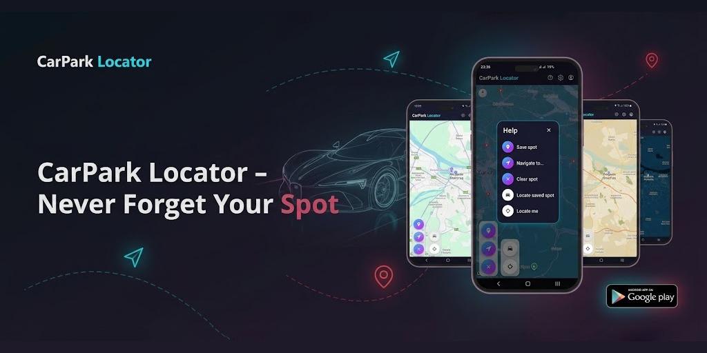 CarPark Locator portfolio banner with app screens for map, help, and quick actions across multiple device mockups