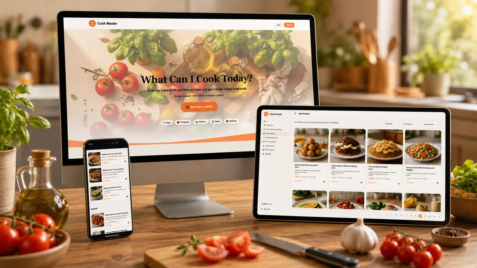 Cook Master shown across desktop, tablet, and phone in a kitchen setting, with the landing page, recipe library, and recipe list on screen