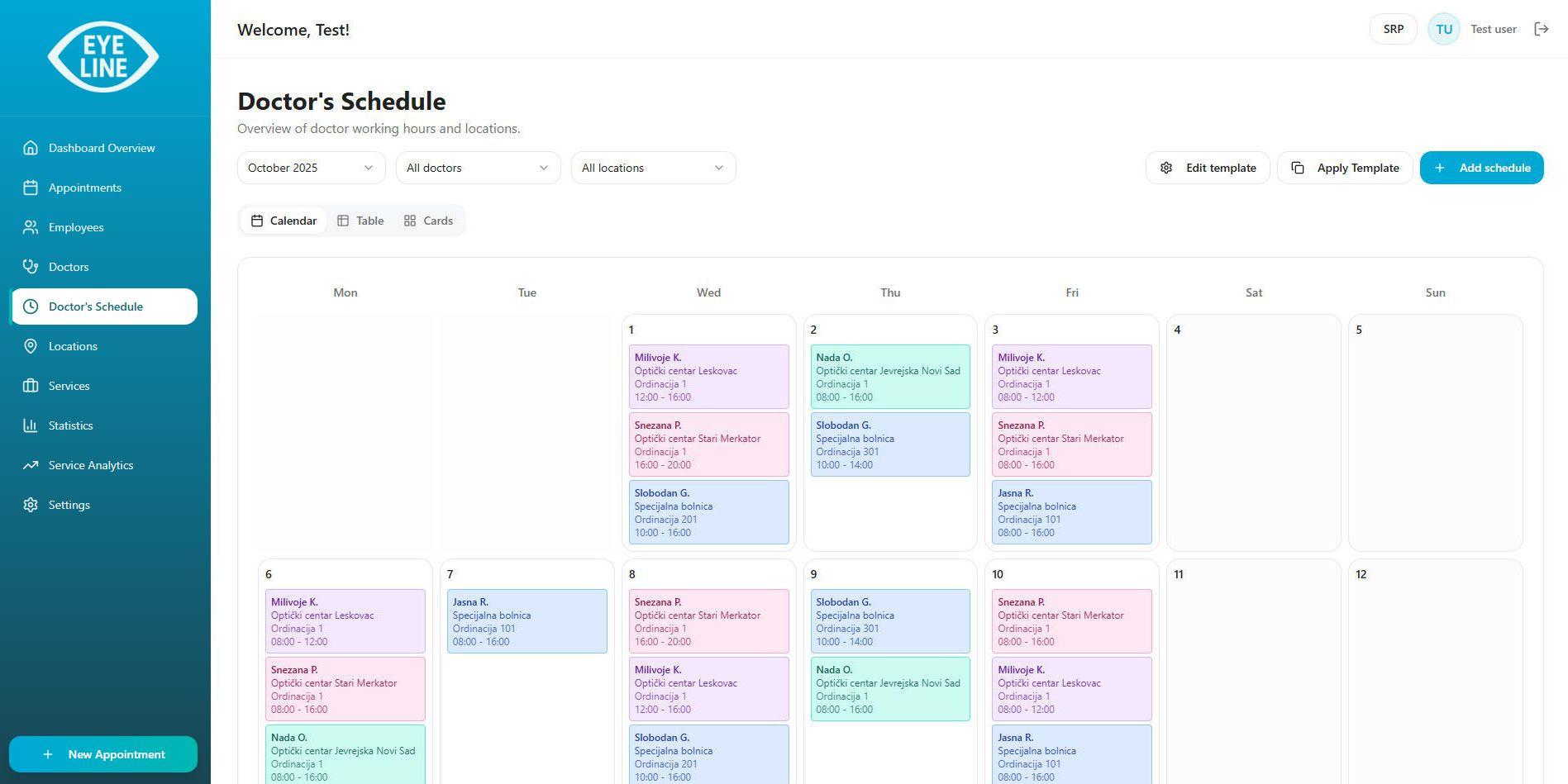 Eye Line doctor's schedule calendar showing weekly assignments across clinics and rooms