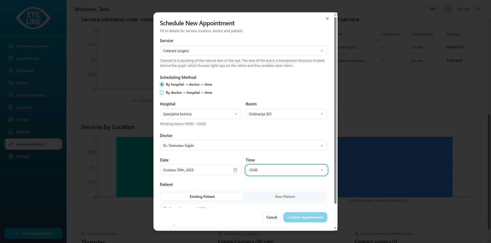 Eye Line schedule new appointment modal with service, hospital, doctor, date, and patient fields