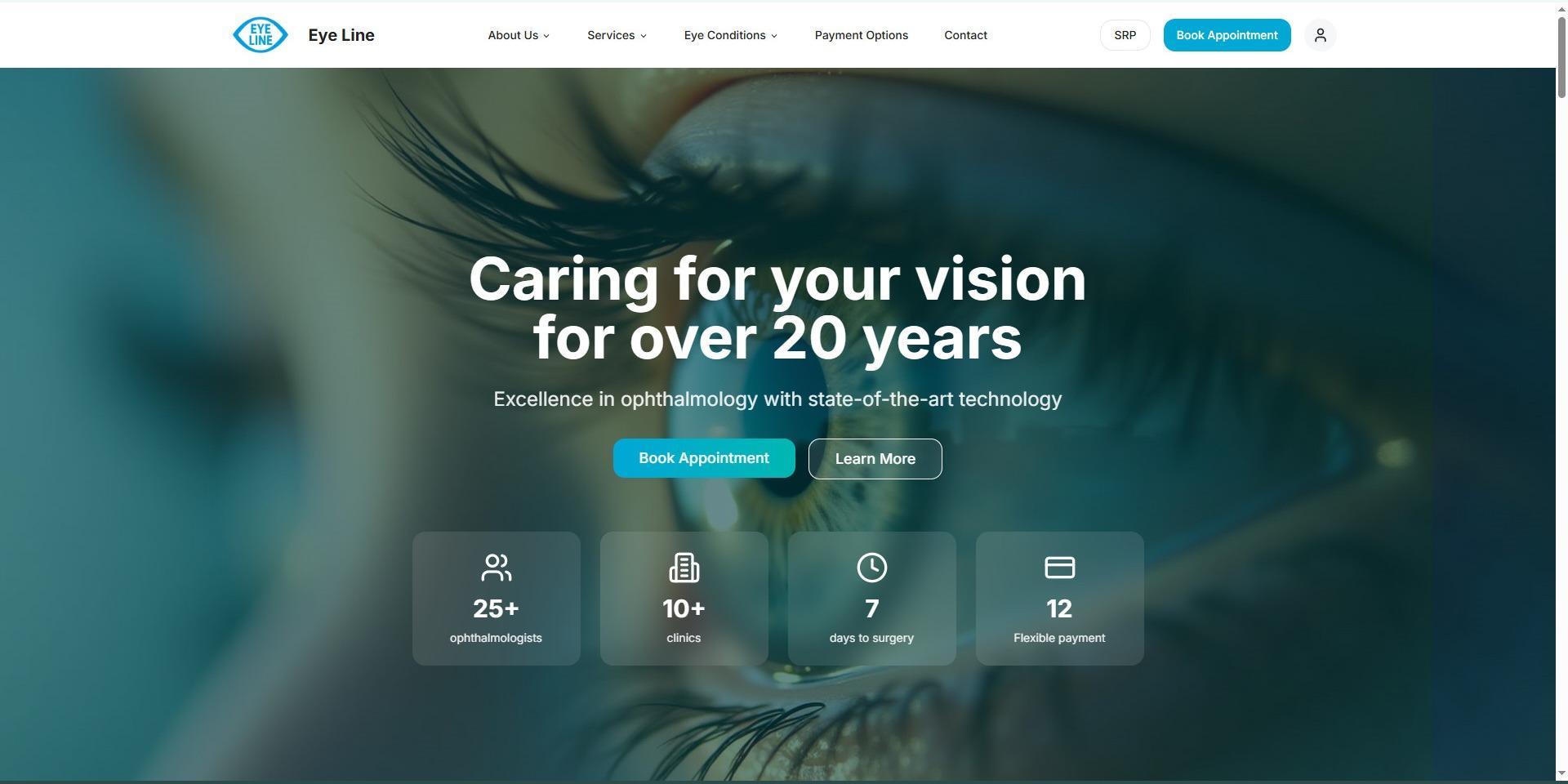 Eye Line landing page presenting a clinic scheduling platform with healthcare-focused branding
