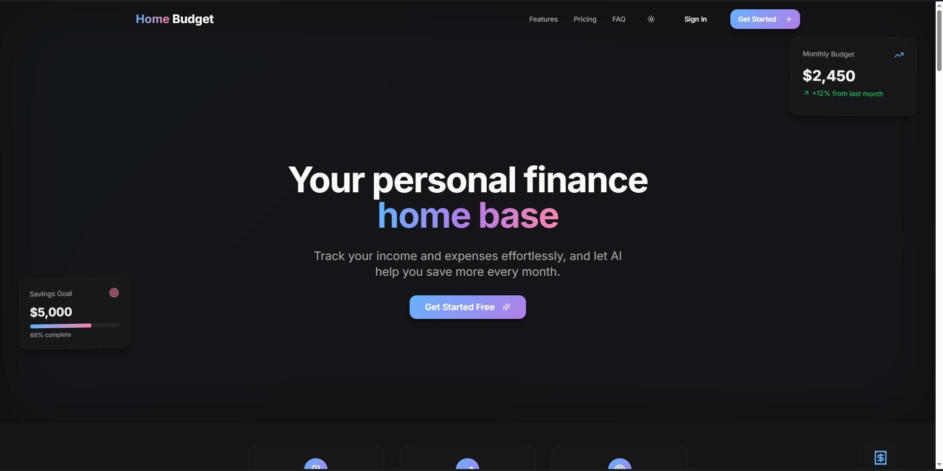 Home Budget landing page with finance-focused hero and floating stat cards