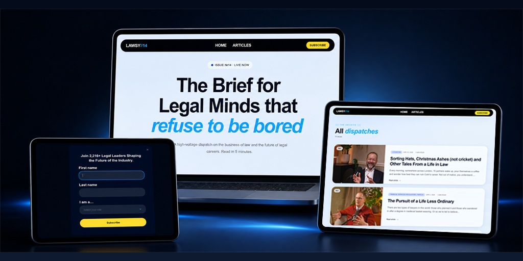 Lawsy shown across laptop, tablet, and phone — homepage hero, article archive, and subscribe form