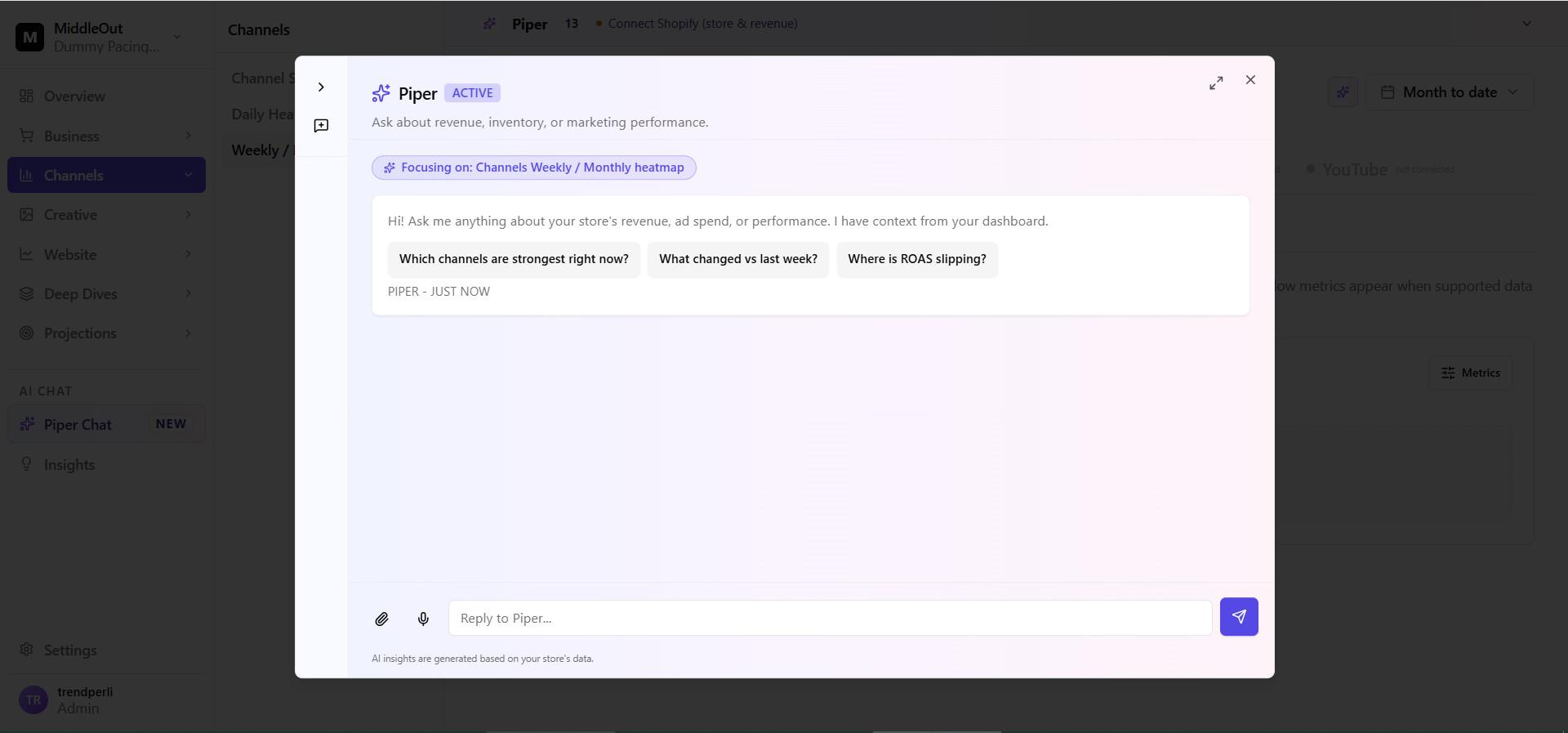 Piper AI chat modal opened over the MiddleOut Channels dashboard with suggested ecommerce analytics questions